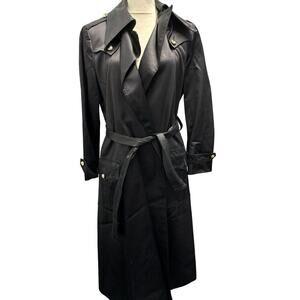 Women's 1980s Lord & Taylor Black Satin Belted Trench Coat Size M